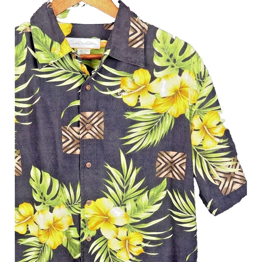 Quiksilver Edition Hawaiian Shirt Silk Blend Floral Hibiscus Button Up Black S